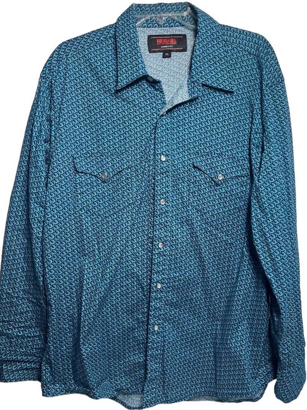 Rock & Roll Mens XL Turquoise Print Western Pearl Snap Shirt Mint Cotton